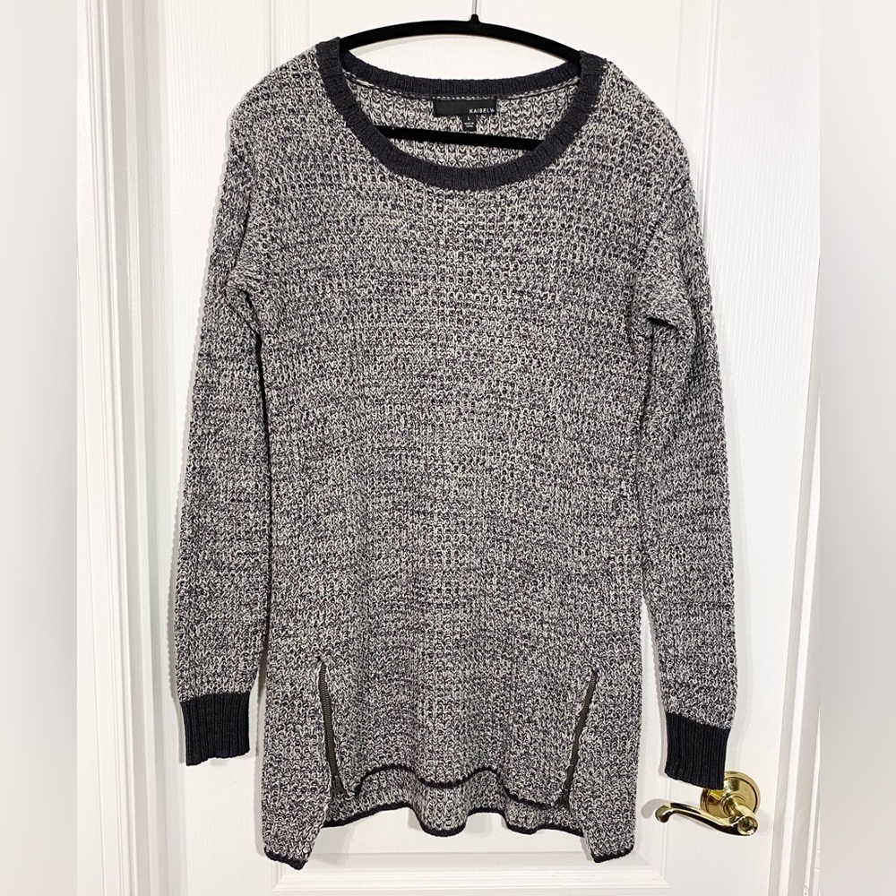 Kaisely Zipper Vent Marled Knit Tunic Sweater Gray Large